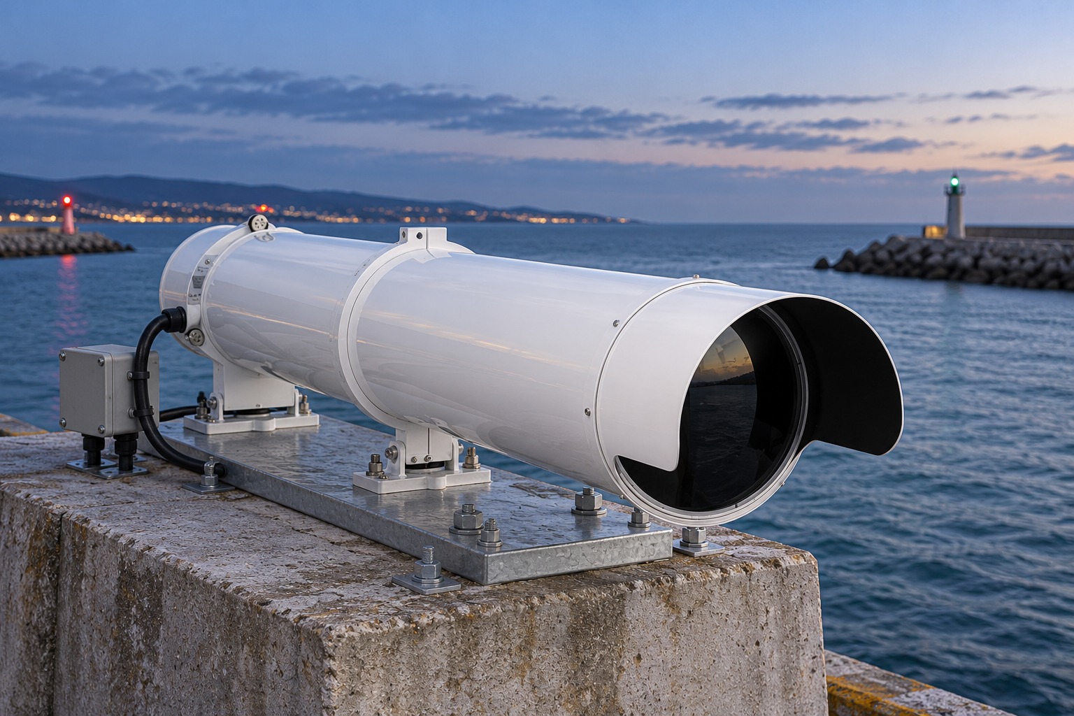 Ilustración sintética de una instalación de proyector de luz de sectores PEL junto a un canal portuario